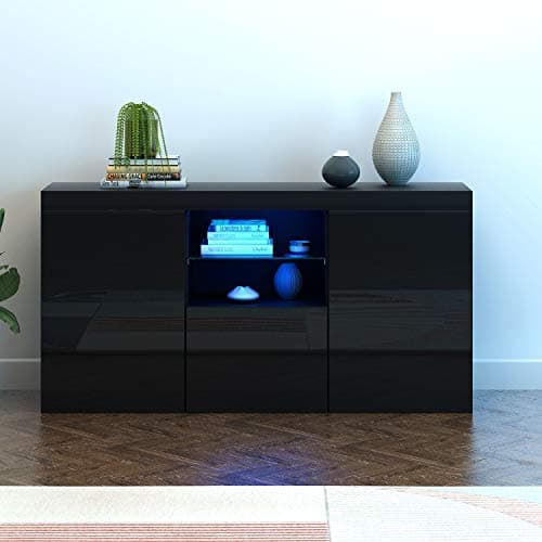 Image of Panana Sideboard Storage Cupboard High Gloss Front Cabinet RGB Multicolor LED Lighting with 3 Doors and Shelves (Black)
