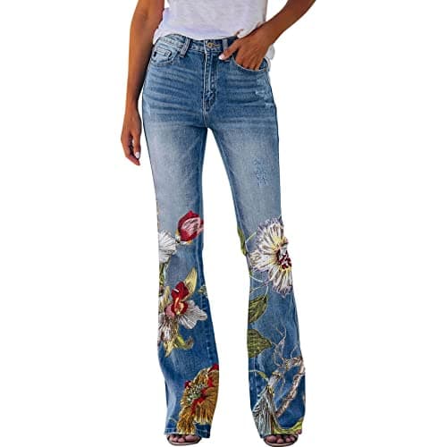 Image of Eauptffy Jeans Women's Floral Embroidered Flared Trousers Skinny Fit Jeans Y2K Jeans Casual Trousers Loose Flared Hem Jeans Stretch Flared Bottoms Latex Trousers with Zip, beige, XXL