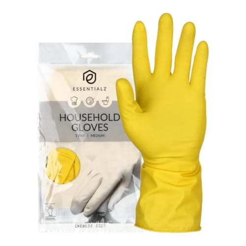 Image of Essentialz Yellow Latex Household Gloves, Medium, 1 Pair, Reusable, Powder-Free, Flocklined Dishwashing Gloves with Rolled Cuff, Durable Kitchen, Laundry & Everyday Cleaning Gloves
