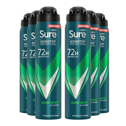 Image of Sure Antiperspirant 72H Nonstop Sweat and Odour Protection Alcohol-Free Body Spray Anti-White Marks with Fresh and Sporty Scent Multi Fragrance Deodorant for Men, 250ml (Quantum Dry, Buy 6)