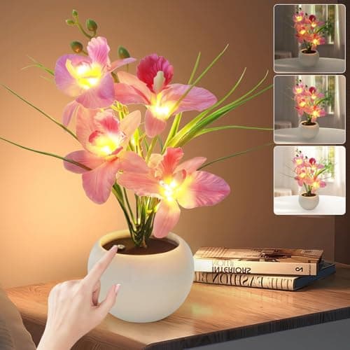 Image of BVI BOOMERVIVI Artificial Flower Night Light, Touch Stepless Dimming USB Rechargeable Orchid Flower with Vase Lamp, LED Table Lamp Decorative Landscape Lights for Festival Party Home Decor (Pink)
