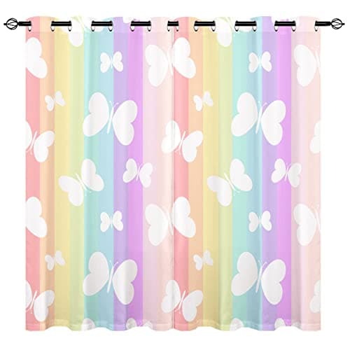 Image of YUANZU Rainbow Butterfly Curtains - Girls Kids Cute White Butterflies on Colorful Stripes Print Pattern Eyelet Blackout Thermal Insulated Window Drapes for Living Room Bedroom 2 Panels W117cm x D137cm