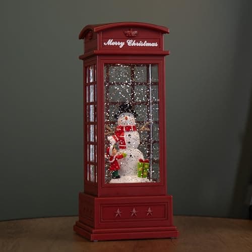 Image of 25cm Battery Operated Light up Christmas Phone Box Water Spinner with Snowman Scene & LEDs