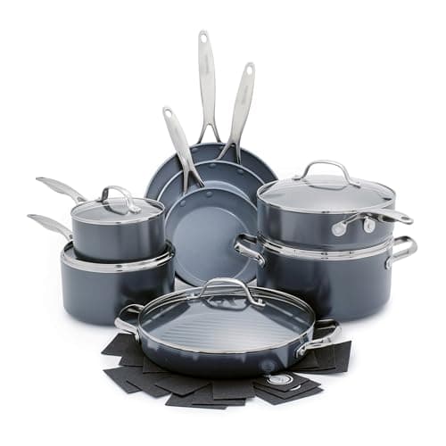 Image of GreenPan Valencia Pro Hard Anodised Healthy Cearmic Non-Stick 16-Piece Cookware Set, Pots and Pan Set, Includes Frying Pans, Sauté, Sauce, Grill Pan, PFAS-Free, Induction, Oven Safe, Grey