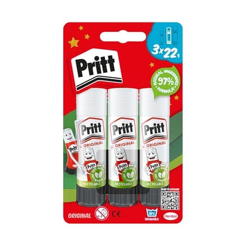 Image of Pritt Glue Stick, Safe & Child-Friendly Craft Glue for Arts & Crafts Activities, Strong-Hold adhesive for School & Office Supplies, 22 g (Pack of 3)