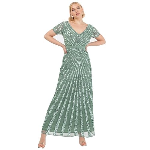 Image of Maya Deluxe Womens Maxi Ladies Embellished Sequin Long Short Sleeve V Neck High Empire Waist Cut Shiny Prom Wedding Bridesmaid Dress Deep Mint Size 12