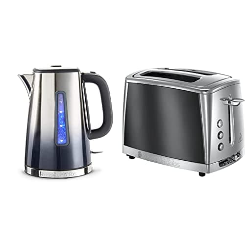 Image of Russell Hobbs 25111 Eclipse Polished Stainless Steel and Midnight Blue Ombre Electric Kettle, 3000 W, 1.7 Litre & 23221 Luna Two Slice Toaster, 1500 W, Grey