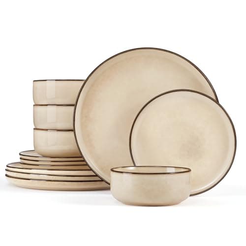 Image of Homikit 12 Piece Dinner Set, Reactive Glaze Kitchen Dinnerware Sets for 4, Elegant Stoneware Included Plates and Bowls, Non-Scratch & Sturdy, Dishwasher & Microwave Safe, Desert Khaki