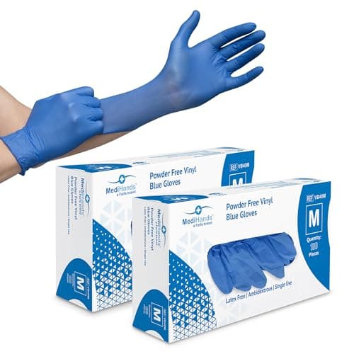 Image of Farla MediHands Blue Medium Vinyl Examination Gloves - Box of 200 Disposable, Powder-Free, Latex-Free, Protein-Free Medical Gloves - Multi-Purpose, Single-Use