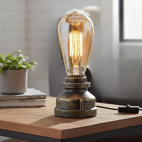Image of LEDSone Vintage Steampunk Pipe Table Lamp Industrial Brushed Copper Desk Light Retro Bedside Night Lamp with E27 Holder for Bedroom, Living Room, Office Décor