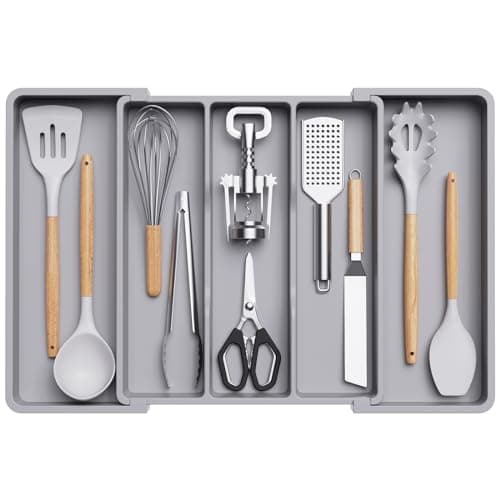 Image of Lifewit Utensil Drawer Organiser, Extendable Cutlery Tray for Kitchen, Adjustable Silverware Flatware Holder, Plastic Kitchen Spatula Tools and Gadgets Storage Divider, Large, Gray