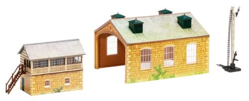 Image of Hornby R8231 OO Gauge Building Extension Pack 5, Model Train Accessories For Adding Scenery & Buildings To 00 Gauge Model Railway, Includes: Engine Shed, Signal & Box Distant Signal - 1:76 Scale