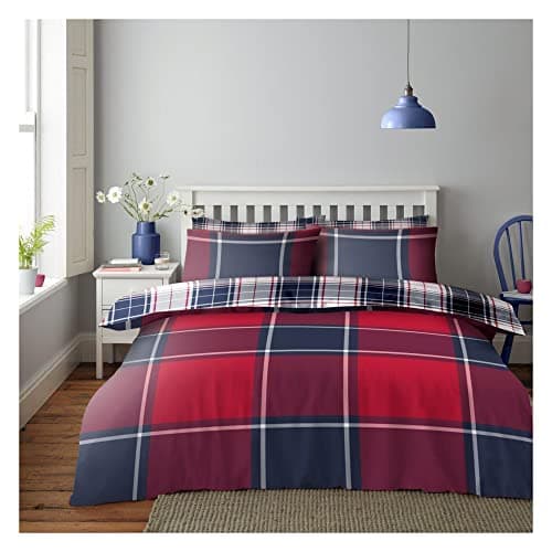 Image of Lions Checked Bedding Set - Premium Striped King Size Duvet Cover with Pillowcase, Poly Cotton Reversible Quilt Covers, 3 Piece Soft Bed Set, Machine Washable, Button Closure, Red