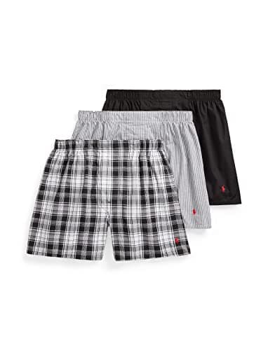 Image of POLO Ralph Lauren Men's Classic Fit Cotton Woven Boxers 3-Pack, Bengal Stripe/Red, Stockton Plaid/Red, Polo Black/Red, 3XL- Plus