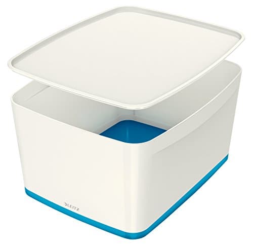 Image of Leitz Large MyBox with Lid, Storage Box for Home and Office, High Gloss Plastic, 18 Litre, A4, White/Blue Metallic