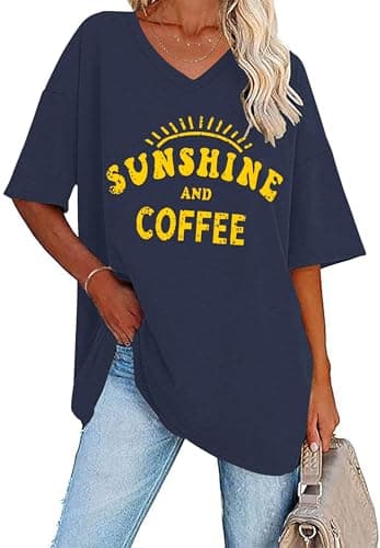 Image of WNEEDU Women Summer T Shirts V Neck Loose Casual Ladies Plus Size Tops Short Sleeve Tee Navy Blue Sunshine 3XL