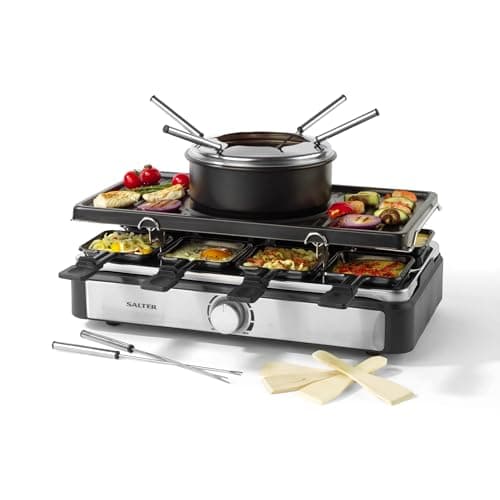 Image of Salter Electric Raclette Grill & Fondue - 2-in-1 Smokeless Indoor Grill, 1.3L Chocolate Melting/Cheese Fondue Pot, 6 Forks, Adjustable Temperature, 8 Non-Stick Pans & Wooden Spatulas, 1400W