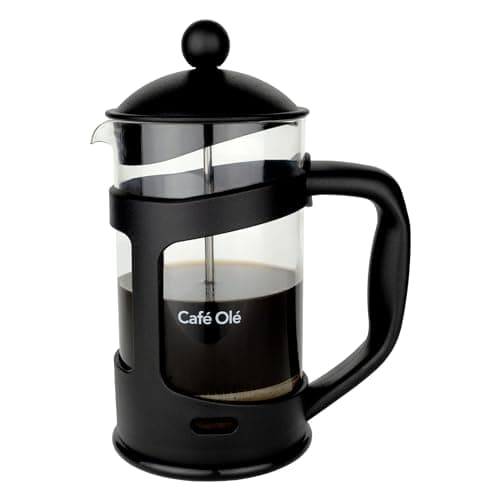 Image of Café Olé Everyday Cafetière, French Press coffee maker, stainless steel mesh filter, glass body with robust plastic frame, Black, 800ml (6 cups, 3 mugs)
