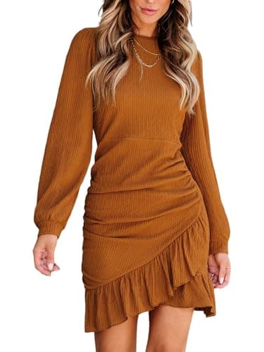 Image of CUPSHE Women's Mini Dress Round Neck Ruffled Hem Ruched Long Sleeve Fitted Ribbed Knit Casual Dress Orange L