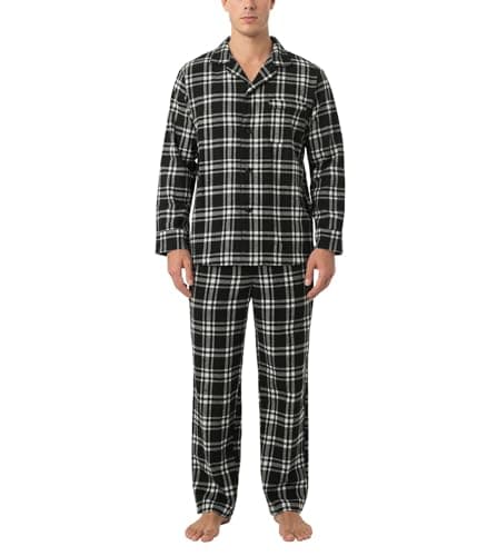 Image of LAPASA Men's 100% Cotton Flannel Pajama Set Pyjamas Top & Bottom M95 (Black & White Plaid, Medium)