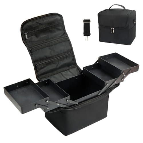 Image of Makeup Organiser Bag Vanity Cases Professional Cosmetic Bags Large Travel Make up Bag Storage Nail Art Kit Beauty Box - Black Makeup Bags Organizer Set with 4 Trays & Shoulder Strap for Girls & Women