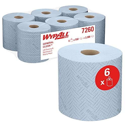 Image of WypAll L20 General Clean 7260 Centrefeed Paper Wipers, 2-Ply Blue Embossed Rolls, Single Sheet Dispensing, 6 Rolls x 550 Sheets (3,300 Total)