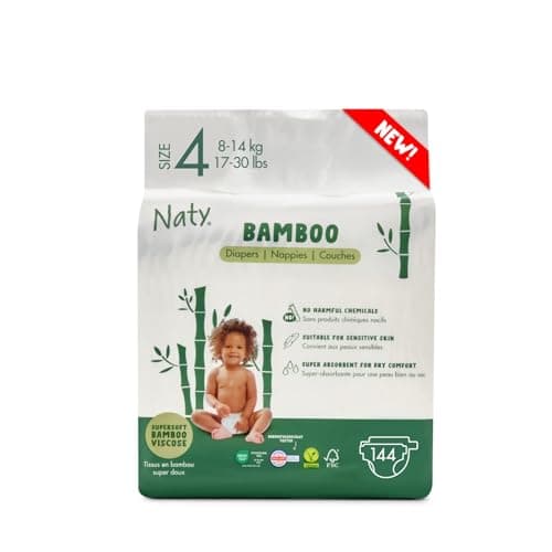 Image of Naty Bamboo Viscose Baby Nappies – Silky Soft, Plant Based Nappy, Dermatologically Tested for Sensitive Skin & Super Absorbent (Size 4, 144 Count)