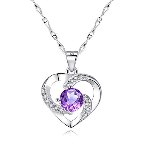 Image of wynn's Silver Necklace for Women, 925 Sterling Silver Heart Necklace, 45cm Love Heart Necklace Pendant Set with Purple Cubic Zirconia, Gift for Lady Girlfriend Mother Wife