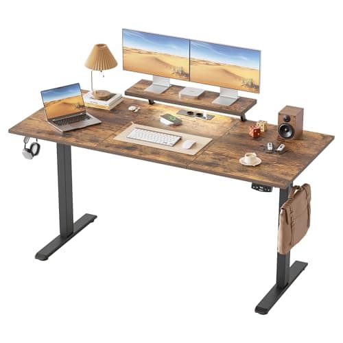Image of Klicelor Height Adjustable desk with LED Lights and Power Outlets, 160x60cm, movable monitor stand for Game and Home Office, Standing desk with 3-piece tabletop, brown