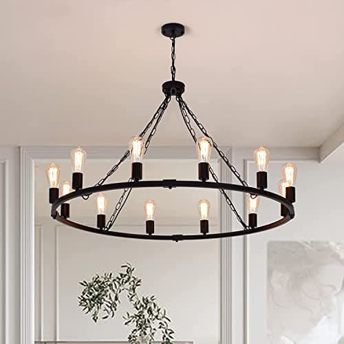 Image of Eoodis Rustic Chandelier 12-Light Wagon Wheel Chandelier Black Chandeliers Ceiling Lights Height Adjustable for Dining Room Kitchen Living Room Bedroom(Dia 100cm)