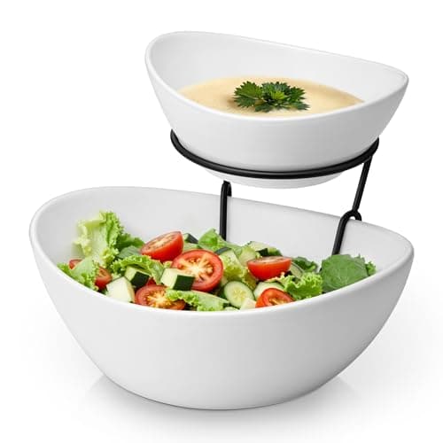 Image of MALACASA 2 Tier Chip and Dip Serving Set with Metal Stand,Ceramic Appetizer Bowls for Party, Multi-Use Food Display for Fruits, Snacks,White Elegant Tiered Serving Dishes for Party