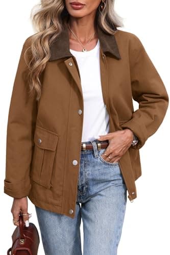 Image of ELLEVEN Padded Barn Jackets for Women Oversized Fall Utility Corduroy Collar Coat, Cotton Outerwear with Pockets, Brown, M