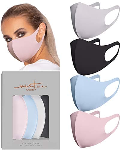 Image of VIRTUE CODE Second Skin Cloth Face Mask Pack. 4 Buttery Soft Masks Washable Fabric - Pink, Baby Blue, Soft Grey and Black Face Mask Reusable. Stretchy, Comfortable, Fresh Facemask.