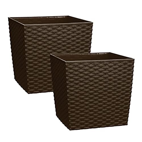 Image of Simpahome 10L Cubie Rattan Plastic Planters - Brown, Set of 2 Pots - 22cm Square