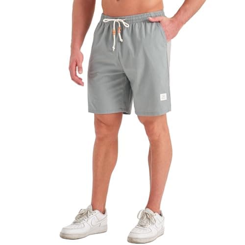 Image of JustSun Mens Shorts UK Linen Shorts with Pockets Casual Summer Elasticated Waist Silver Grey XL