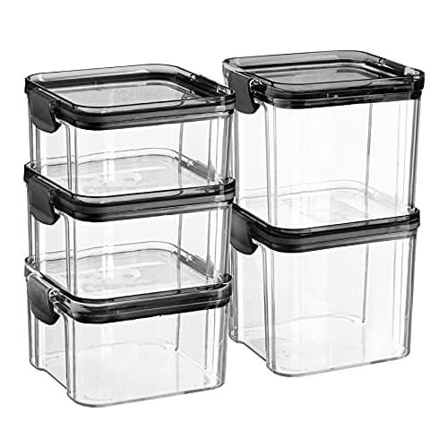 Image of Argon Tableware 5 Piece Food Storage Containers Set - Plastic Kitchen Pantry Organiser Jars - Clip Lid - 2 Sizes - Black