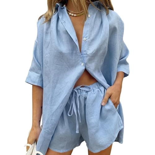 Image of Co Ord Sets for Women Summer Linen Shorts and T Shirt Sets Lightweight Flowy Solid Casual Two Piece Airport Outfit Lounge Wear Set Blue M