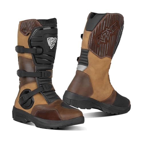 Image of New Long Adventure Motorcycle Boots mens buckels Waterproof Full Length On Road & Off Road Touring motorbike shoes Geniune Leather (BROWN, UK Footwear Size System, Adult, Men, Numeric, Medium, 9)