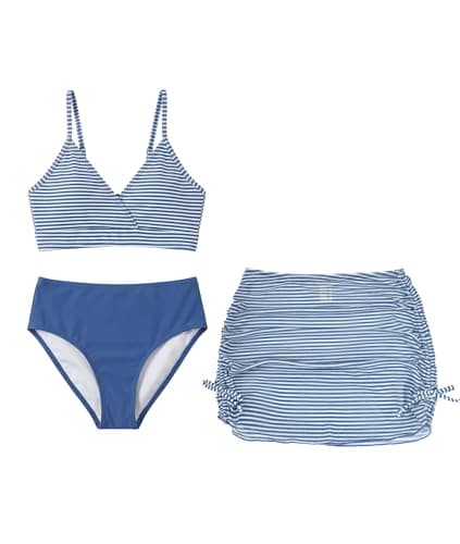 Image of SHEKINI Girl's 3 Piece Bikini Set Padded Swimsuit with Skirt Swimwear for Teens(Blue Stripes,10 Years- 11 Years)