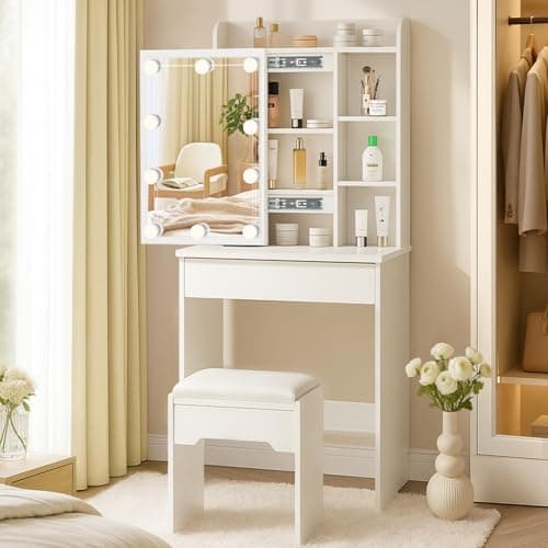 Image of LEMROE Hollywood Dressing Table with LED Mirror and Stool Makeup Table Makeup Table with 7 Shelves and 1 Large Drawer Vanity Table for Bedroom Organiser