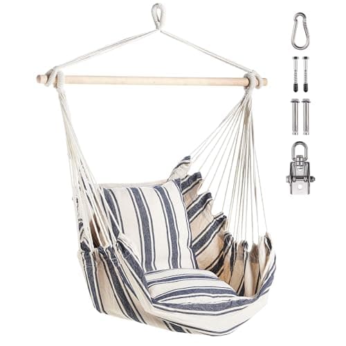 Image of VonHaus Hanging Chair Outdoor with Attachments – Blue & White Stripe Garden Swing Seat & Hammock Chair, 1 Seater Rope Neutral Boho Style Portable Garden Seat for Garden, Patio, Terrace & Decking
