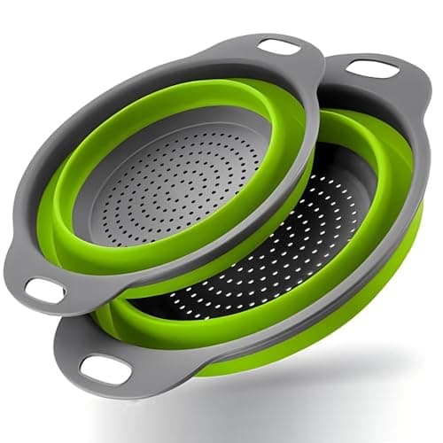 Image of Silicone Pasta Colander - Collapsible Colander with Handle Set, Set of 2, Space-Saving Kitchen Strainers, 1.5 Quart, 2 Quart, BPA Free & Dishwasher Safe, for Pasta, Vegetables, Fruits