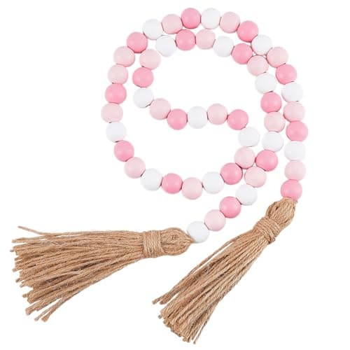 Image of CREATCABIN 42 Inch Wood Bead Garland Decor Rustic Country Farmhouse Boho Home Pink White Wooden Beads Tassel Wall Hanging Ornaments for Coffee Table Wall Shelf Tray Vase Living Room Bedroom
