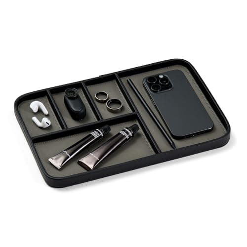 Image of Nordik Leather Valet Tray - Pebble Black - 30 x 20 cm Large Size Vegan Leather Tray for Entryway - Stylish Nightstand Organizer for Men - Modern Bedside Caddy - EDC Catchall for Keys Wallet Jewellery