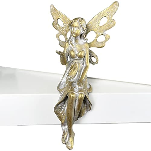 Image of Shelf Sitting Fairy Figurine Resin Distressed Gold Angel Wings Decoration Gift 19cm