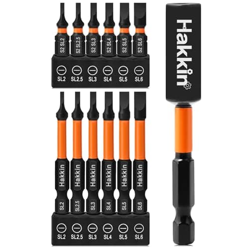 Image of Hakkin 13Pcs Slotted Tip Screwdriver Bits S2 Steel Flat Head Magnetic Screwdriver Bit Set 60mm 25mm 1/4” Hex Shank Screwdriver Bit with 75mm Bit Holder Impact Power Tool Bit Set