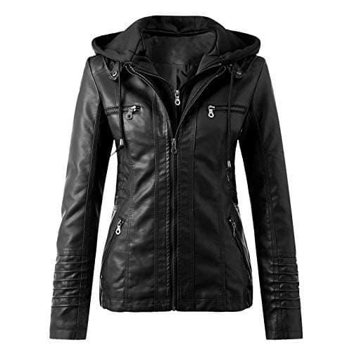 Image of LOIJMK Women's Biker Jacket, Women's Hooded Motorcycle Jacket, Funky Slim Faux Leather Jacket, Trendy Functional Jacket for Women with Hood, Long Sleeve Transition Jacket, Outdoor Jacket, Slim Fit