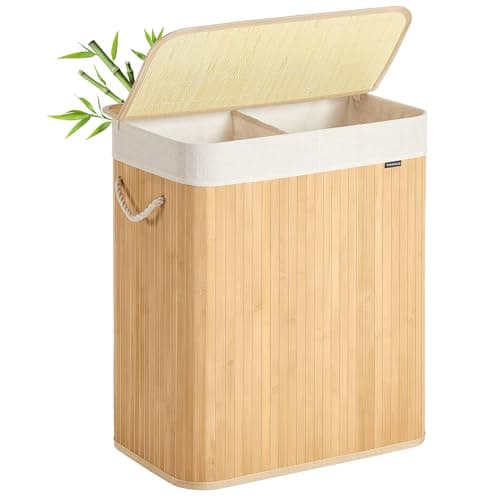 Image of SONGMICS Laundry Basket, 100 L, Laundry Hamper with 2 Compartments, Laundry Bin with Lid, Bamboo, Foldable, Removable and Machine Washable Liner Bag, for Laundry Room, Bedroom, Natural LCB074Y01
