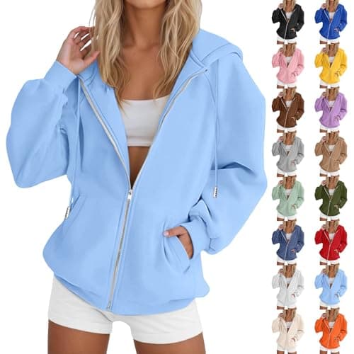 Image of Yinguo Jackets For Women Uk, Hoodies For Women Uk Oversized Hoodie Zip Up Sweatshirts Trendy Casual Loose Long Sleeve Crewneck Pullover Comfy Fall Winter Cloth Fashion Ladies Outfit, Light Blue L