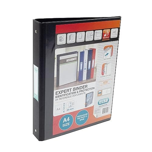 Image of Elba A4 4 O-Ring Binder, 25mm capacity, 30mm spine, Presentation Folder with Customisable Cover, Portrait, Black (Single)